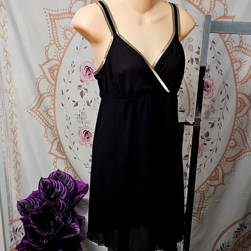 Like New Black With Gold Trim Nordstrom On Gossamer Nylon Nightie Size Large